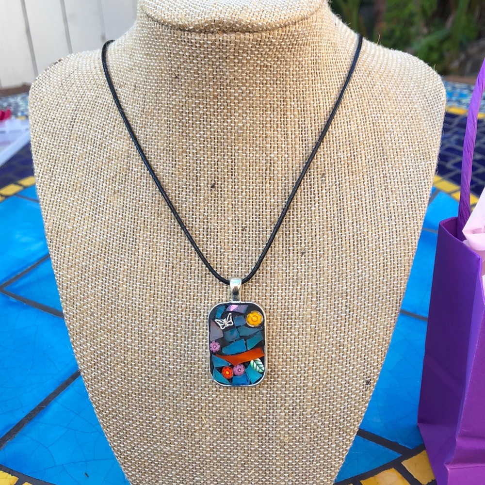 Mosaic Butterfly Pendant Necklace w/Cord & Bag